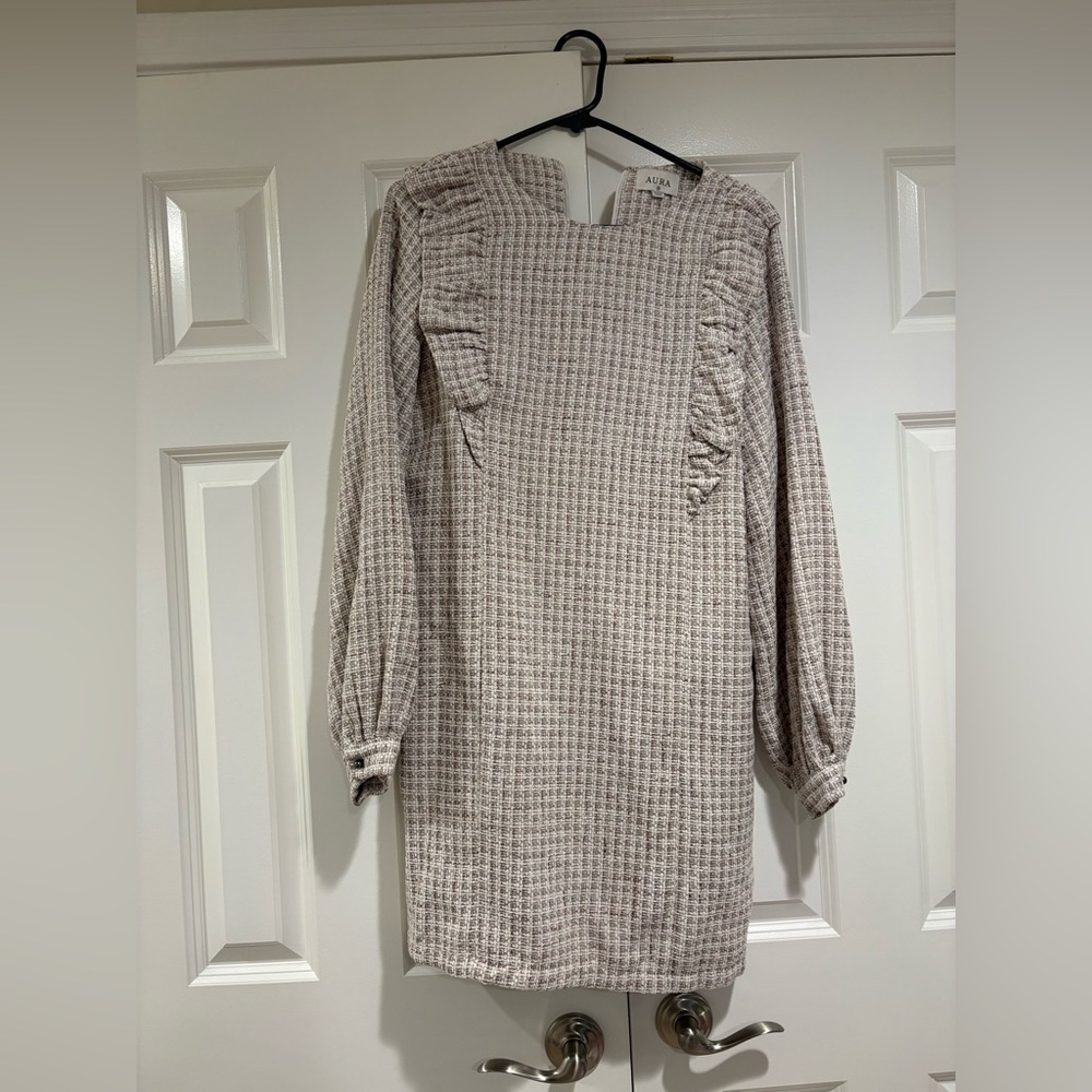 Aura Tweed Long Sleeve Sheath Dress with Ruffle Detail – Size M - Picture 2 of 7